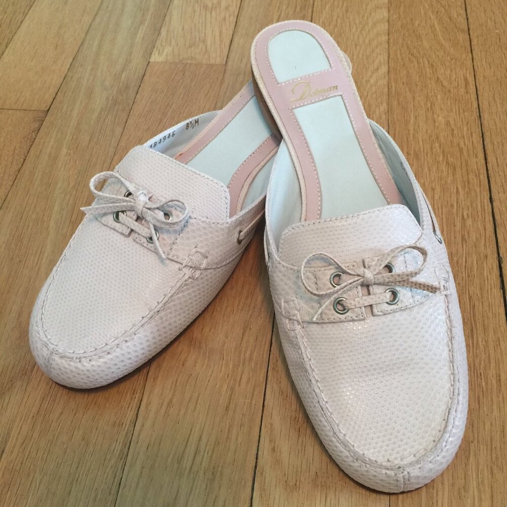 Women's Delman Luxury Preppy leather pink shoes open back mules flats 8.5 NIB